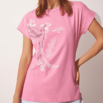 تیشرت ترک زنانه آستین کوتاه چاپی صورتی برند هپینس استانبول Happiness İstanbul اورجینال در سایزبندی