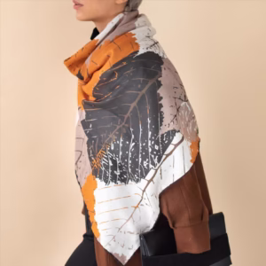 روسری مجلسی نخی 015 طرح برگ طلایی خاکی