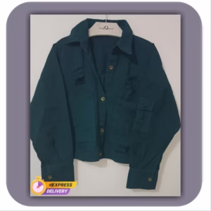 کت کتان زنانه مدل زاپ الگو مربعی رنگ سبز تیره