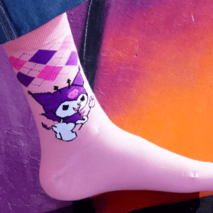 جوراب ساقدار نخ پنبه طرح کرومی صورتی