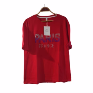 تیشرت نخ پنبه نگینی زنانه وارداتی طرح Paris رنگ قرمز کد 3