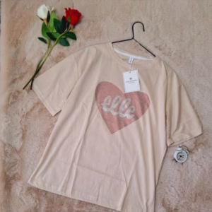 تیشرت نگینی زنانه خارجی نخ پنبه قلبی کرم و سبز فریسایز