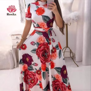 پیراهن گلدار مجلسی زنانه کد 6455 قرمز