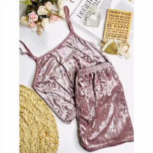 ست نیمتنه و شلوارک راحتی مخمل ساده صورتی