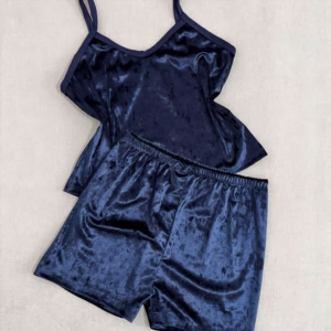 ست نیمتنه و شلوارک راحتی مخمل ساده سورمه ای