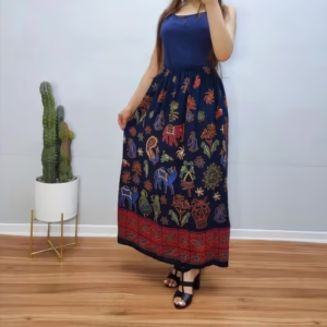 دامن نخی بلند حاشیه دار طرح هندی دو رنگ کد 1