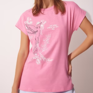 تیشرت ترک زنانه آستین کوتاه چاپی صورتی برند هپینس استانبول Happiness İstanbul اورجینال در سایزبندی