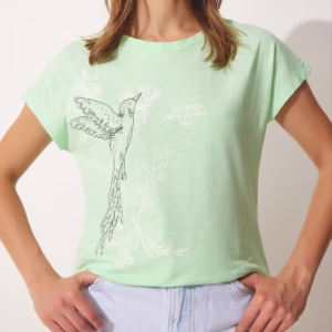 تیشرت نخی ترک زنانه آستین کوتاه چاپی برند هپینس استانبول Happiness İstanbul اورجینال در سایزبندی