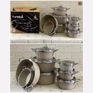 سرویس قابلمه تفلون 14 پارچه طرح ماربل ترخان با رنگ کرمی