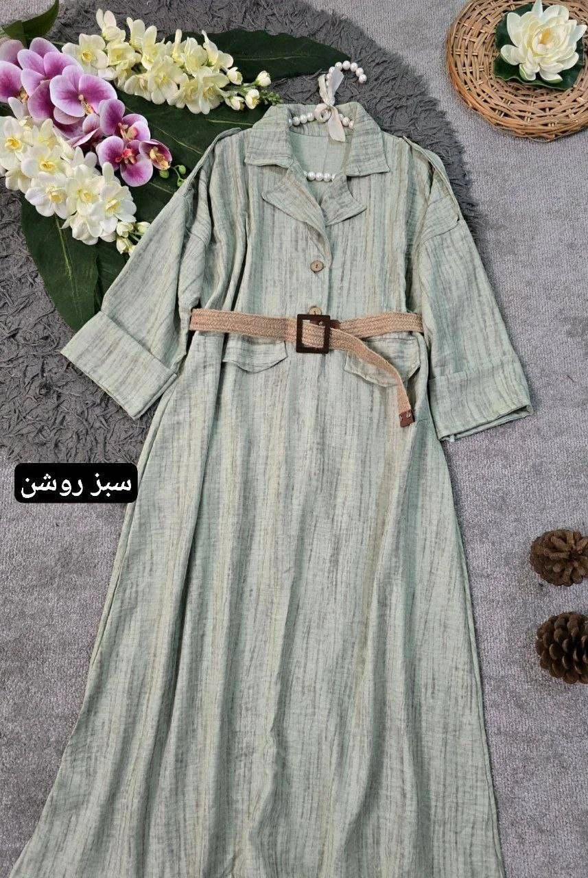 پیراهن کفتان گازوئیلی شانتون زنانه به همراه کمربند کنفی (قد ۱۲۰) - حراجی مون