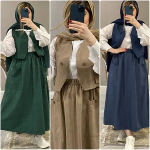 ست سه تکه زنانه مدل ژینا شومیز جلیقه دامن پارچه شانتون باکیفیت و شیک فری سایز