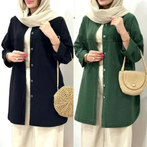 شومیز لنین الیاف طبیعی شسته شده پاییزه مدل آمنه بدون آبرفت و رنگ‌دهی، در دو قواره فری سایز و ۷ رنگ پاییزی